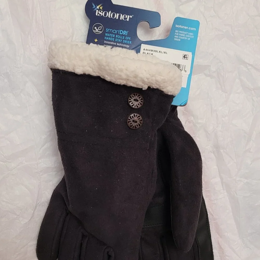 Isotoner Signature smartDRI Microsuede Touchscreen Gloves plush Black L XL New